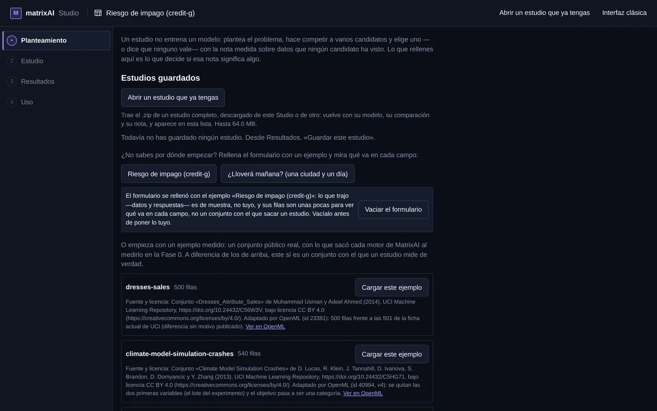 El planteamiento del estudio, tras «Probar el estudio» en la portada, con estudios guardados y ejemplos para empezar