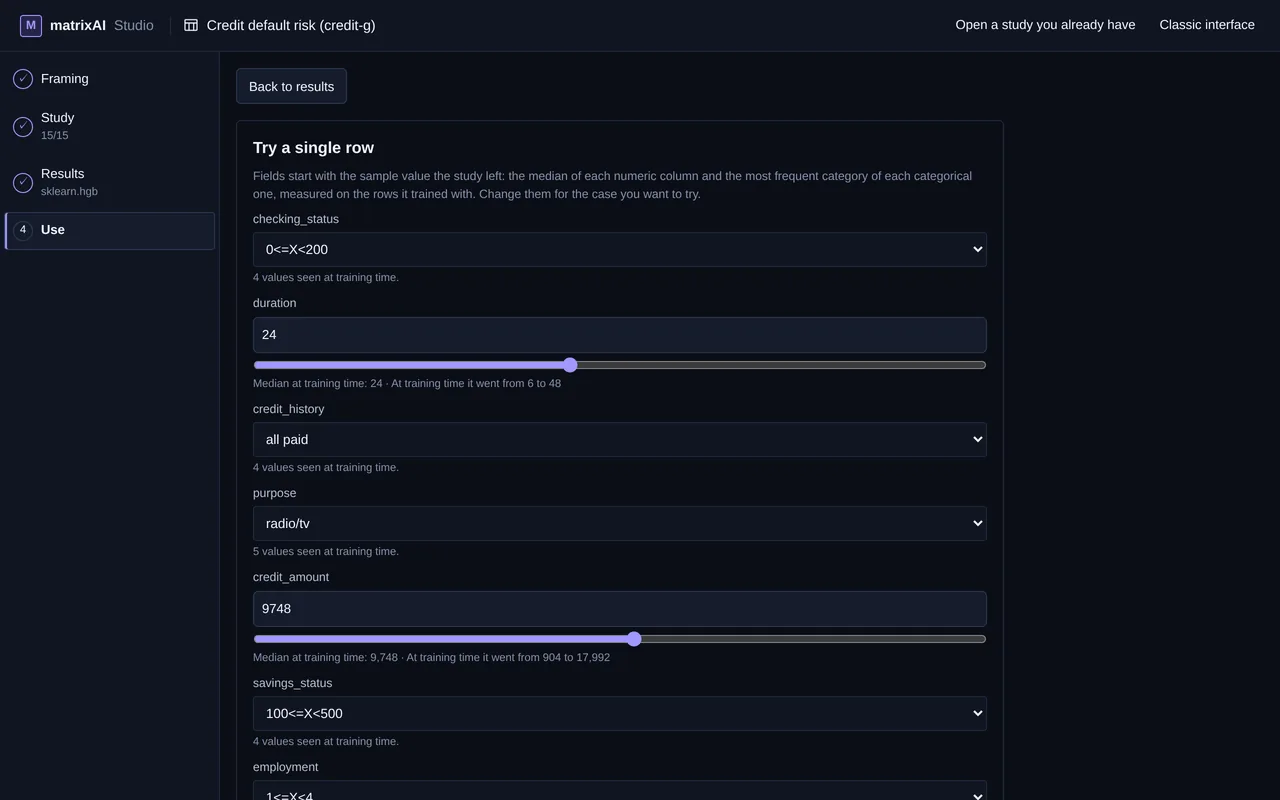 The Use screen: trying a row with the chosen model, with a field for each column
