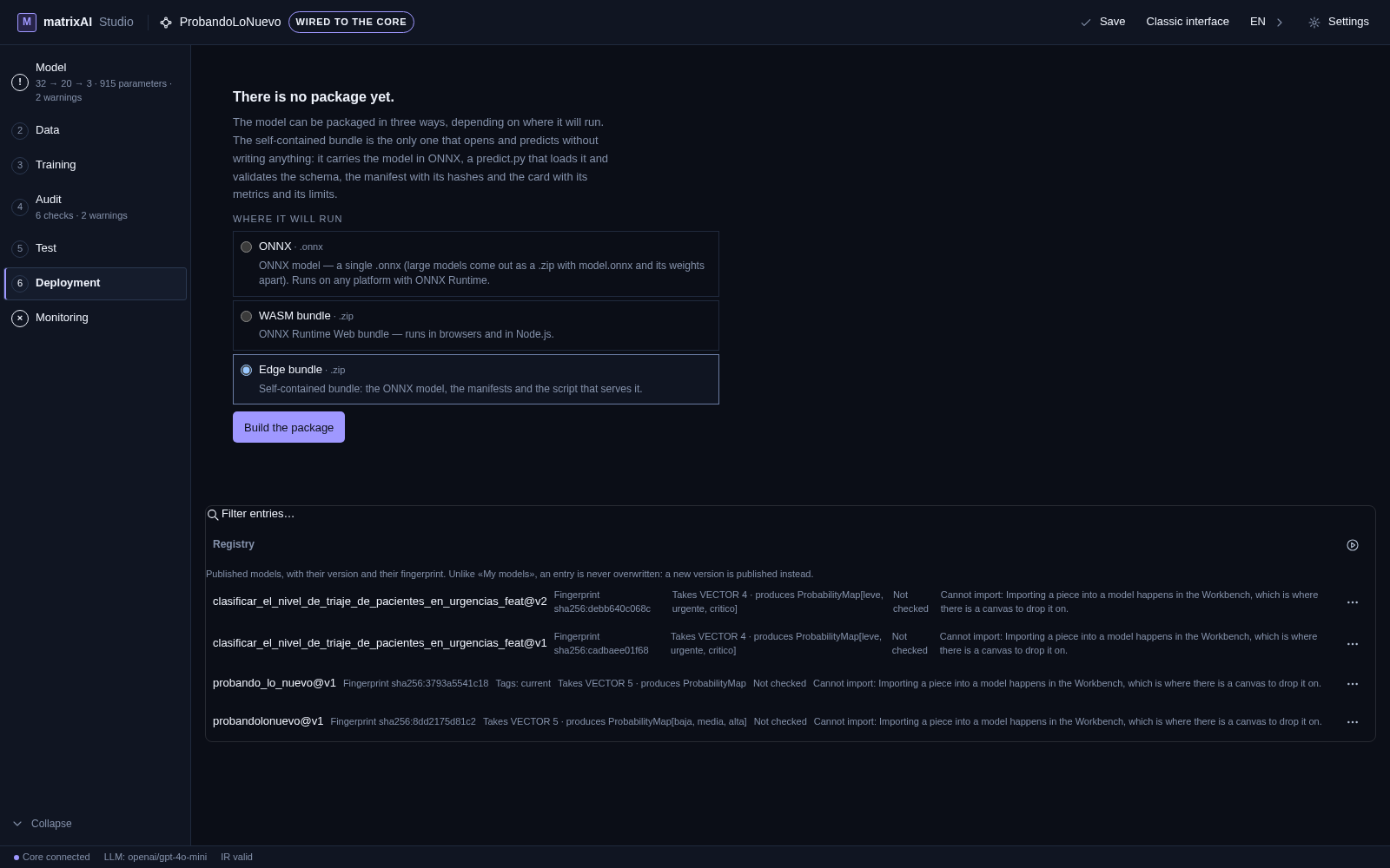 La fase Despliegue: las opciones de empaquetado y, debajo, la entrada del registry con su huella y su etiqueta current.
