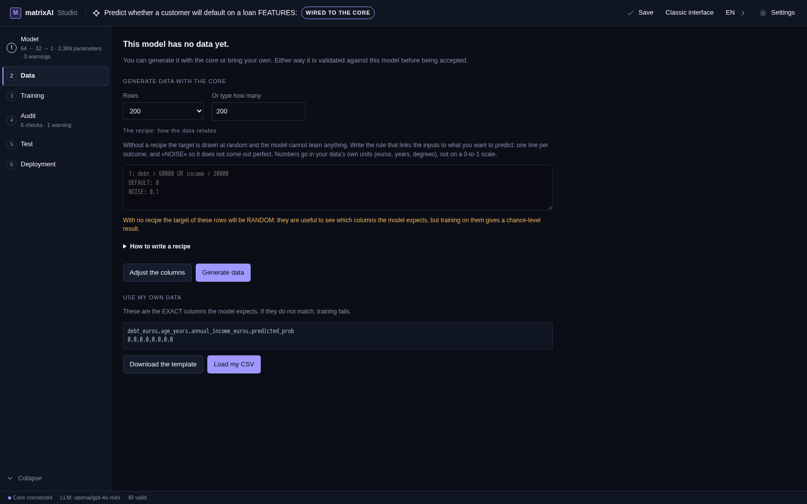 Fase 2, Data: la caja de la receta con su ayuda, el aviso de generar sin receta y el botón Generate data