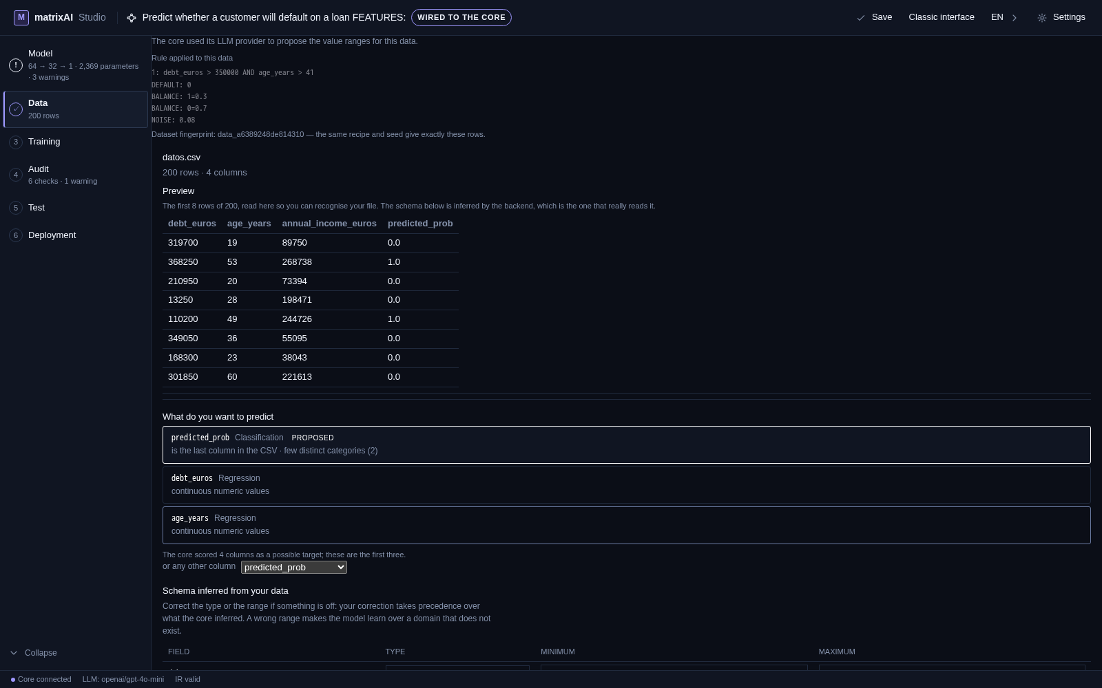 Después de generar: la regla aplicada a estos datos, la receta analizada, la huella del dataset y las primeras ocho filas con su etiqueta
