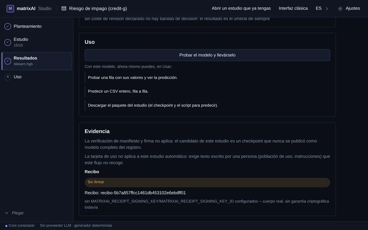 La sección Evidencia y el Recibo, marcado Sin firmar porque no hay clave de firma configurada
