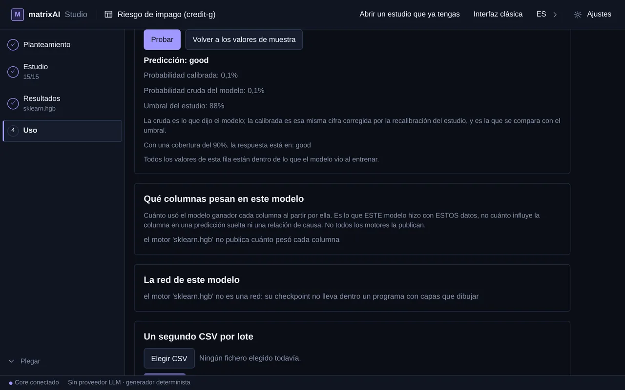 La respuesta: predicción, probabilidad calibrada y cruda, umbral del estudio y cobertura