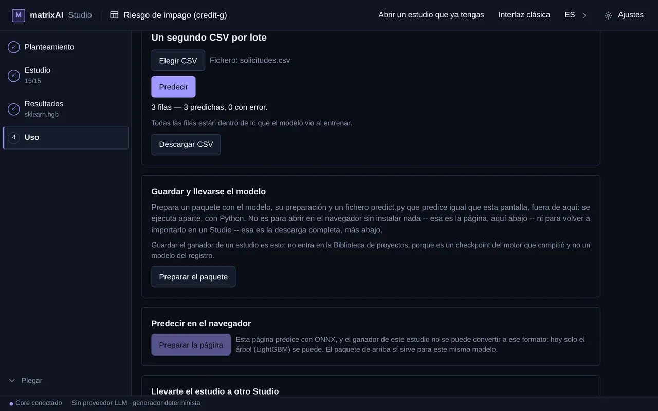 Un segundo CSV por lote: «3 filas — 3 predichas, 0 con error» y el botón Descargar CSV