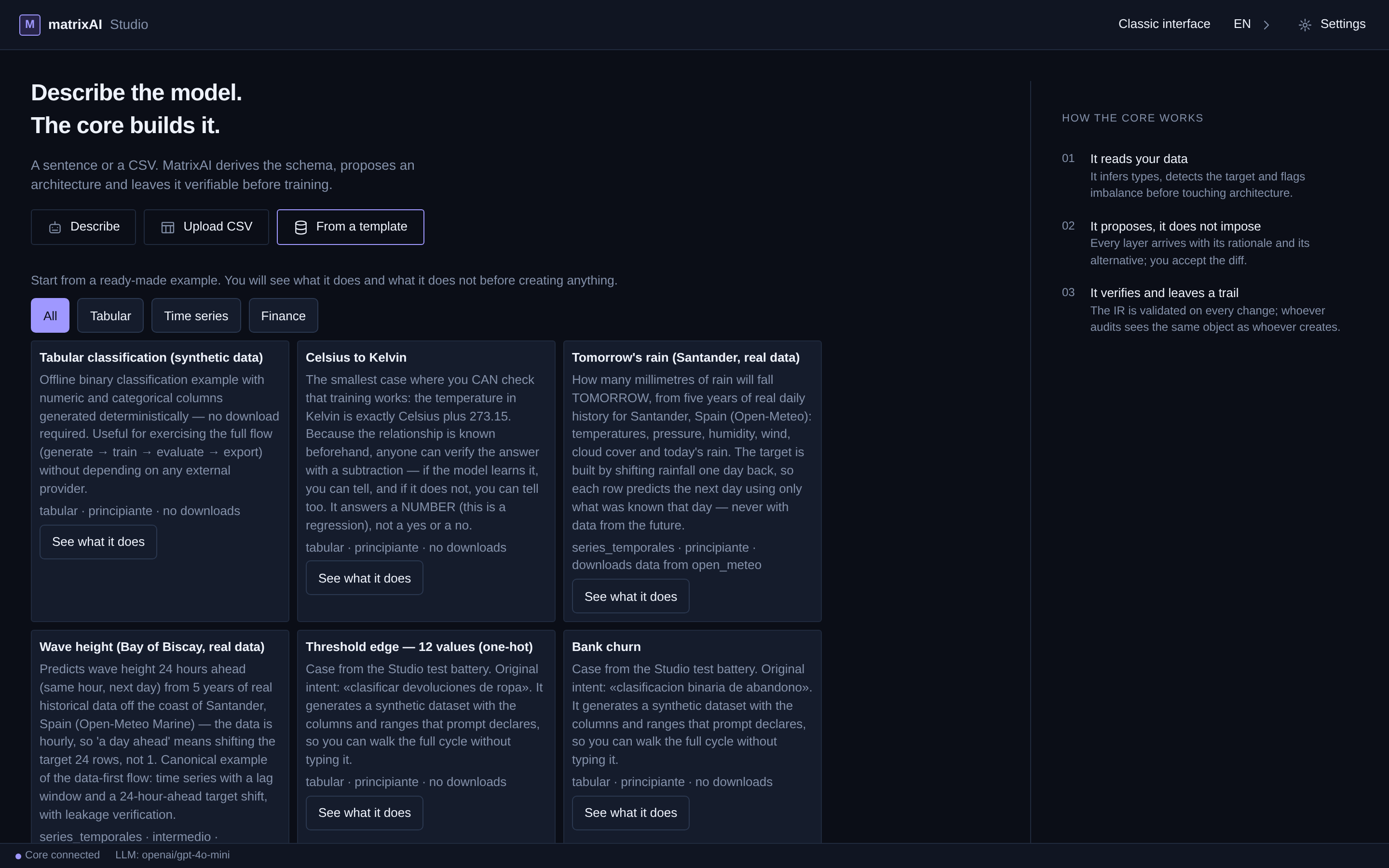 Catálogo de plantillas — categoría, dificultad y si descarga algo
