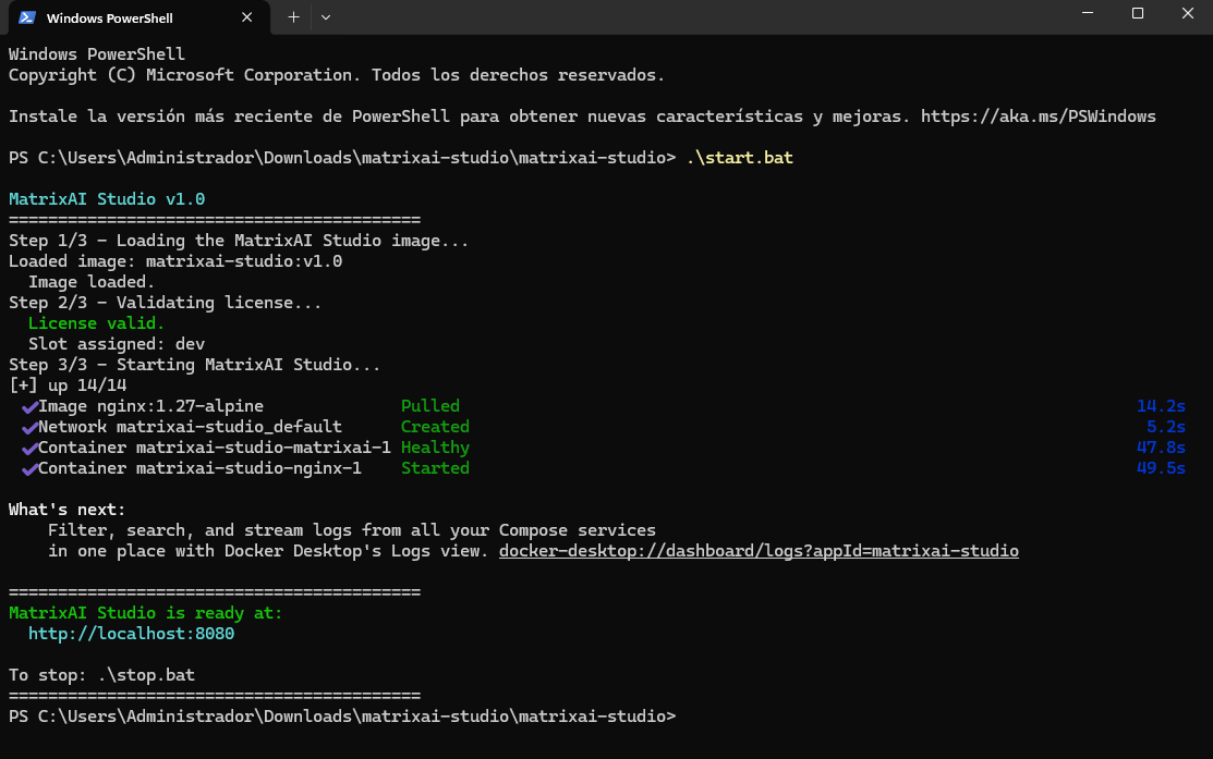 PowerShell de Windows — start.bat completa los tres pasos en unos 50 segundos