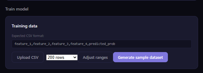 Panel de entrenamiento — formato de CSV esperado, número de filas y ajuste de rangos